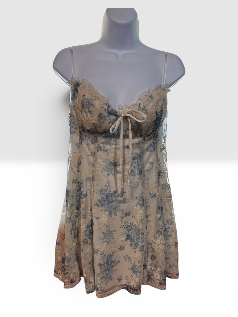 Floral Lace Trim Chemise Nightdress - Beige with Blue Floral Sz Large